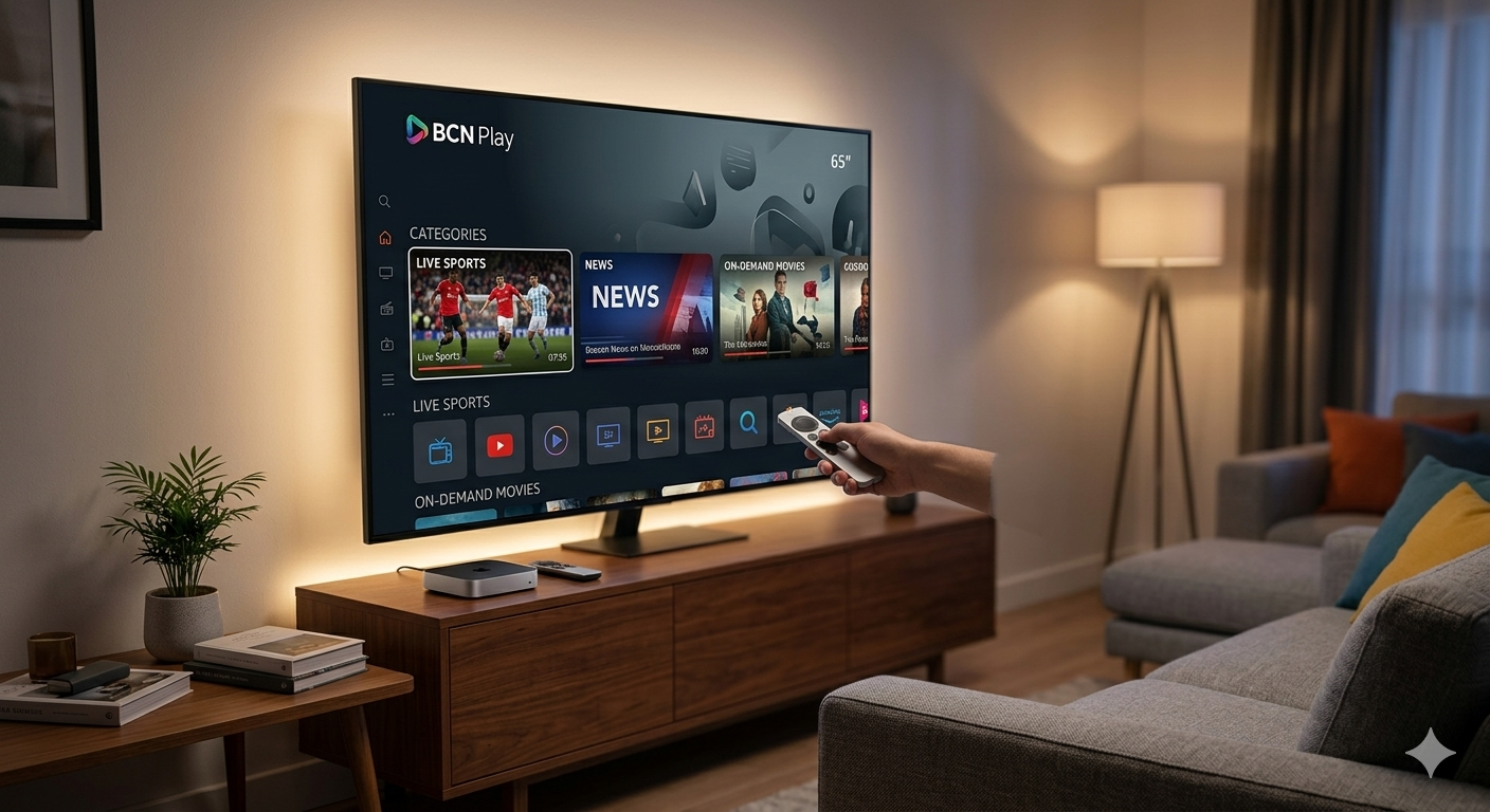 A smart television dashboard running the bcn play interface application.
